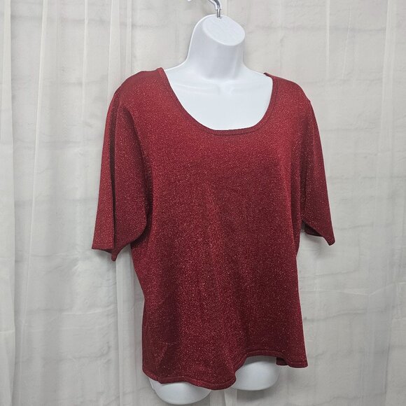 Patchington Tee Blouse Knit Red Metallic Silk Blend Glam Bling Layering L - Picture 3 of 10